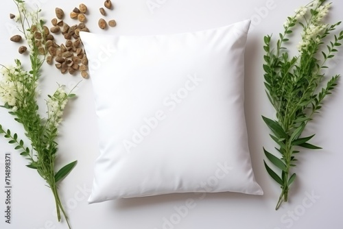Pillow mockup on white background. White pillow on the background of home decor. Home cozy decor. Twigs, dried flower. Home aesthetics.