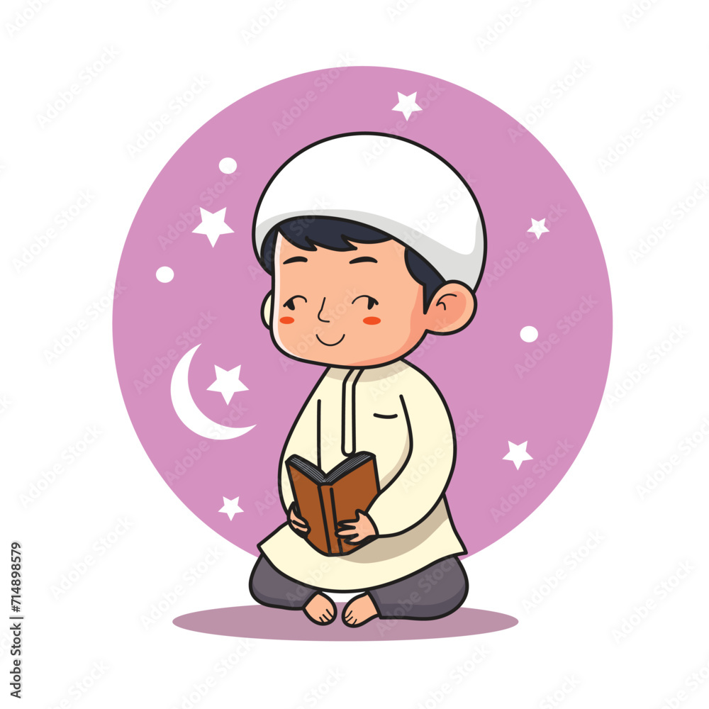 Cute Boy Reading Quran.Cute Muslim boy Praying vector illustration.Ramadan concept.aesthetic, chubby style. Ramadan praying background.Islamic background vector. Cute Boy Reading Quran.Cute Muslim boy Praying vector illustration.Ramadan concept.aesthetic, chubby style. Ramadan praying background.Islamic background vector.