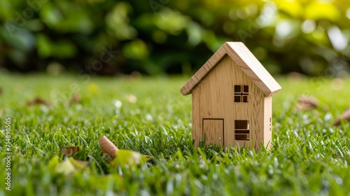 Wooden model of house on grass, summer outdoor, new home concept