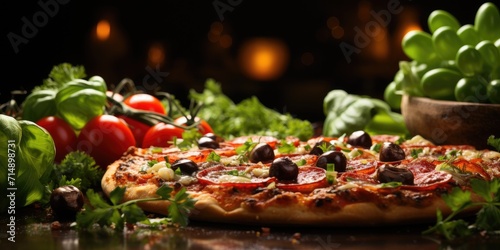 Meat pizza with olives on the background of ingredients. Olive oil. Italian food. Pizza on background of basil and tomatoes.