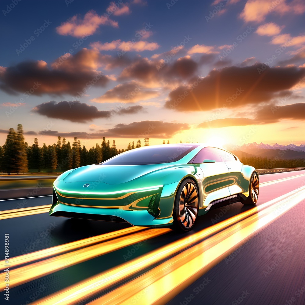 Embracing the Future: A Futuristic Car Cruising Amidst Nature at Sunset