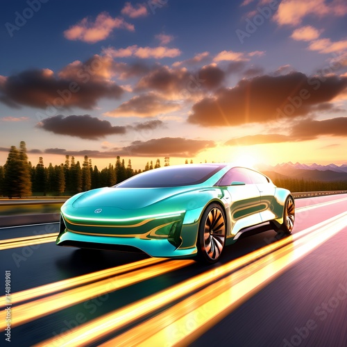 Embracing the Future: A Futuristic Car Cruising Amidst Nature at Sunset © ShareareKhan