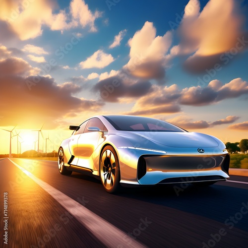 Cruising into the Sunset: A Futuristic Car’s Journey Amidst Renewable Energy