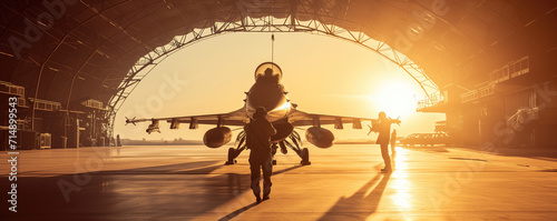 Sunset view of military fighter jet pilot beside parked military airforce plane