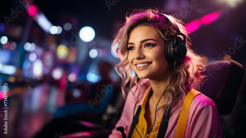 Young Female Game Streamer with Headphone on a Color Room Background