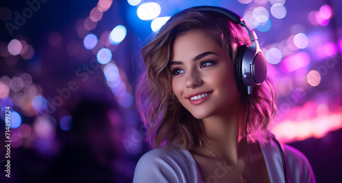 Young Female Game Streamer with Headphone on a Color Room Background © imagemir