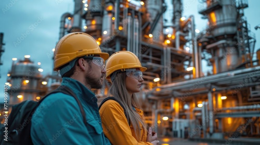 Engineering Team Collaboratively Discussing Plans in Front of a Massive Power Plant, Representing the Heart of Energy Production Engineering Team Collaboratively Discussing Plans in Front of a Massive Power Plant, Representing the Heart of Energy Production