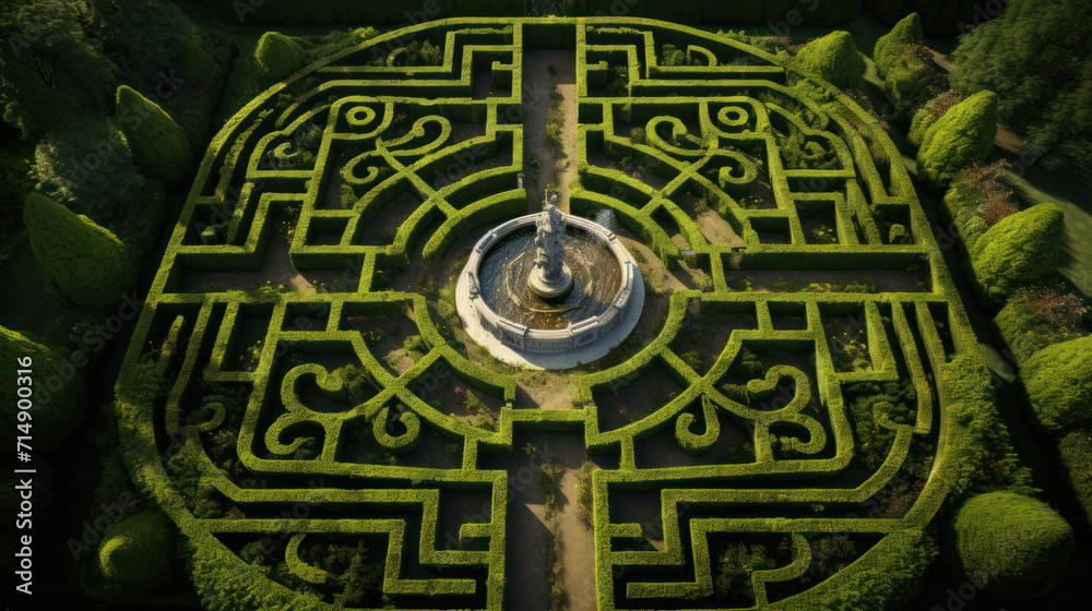 Aerial view a natural labyrinth in the garden