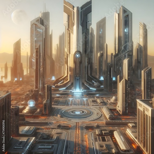 Ciudad futurista entre rascacielos en un atardecer  photo