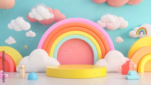 Fototapeta 3D rendering podium kid style, colorful background, clouds and weather with empty space for kids or baby product