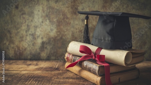 A mortarboard and graduation scroll, tied with red ribbon, on a stack of old battered book with empty space to the left. Slightly undersaturated with vignette for vintage effect photo