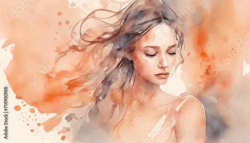 abstract watercolor art, peach color silhouette of a girl