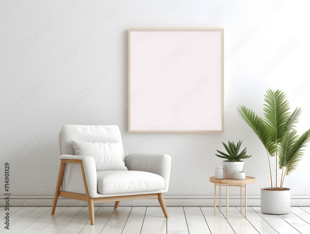 Living room with chair and blank white frame mockup on the wall Living room with chair and blank white frame mockup on the wall