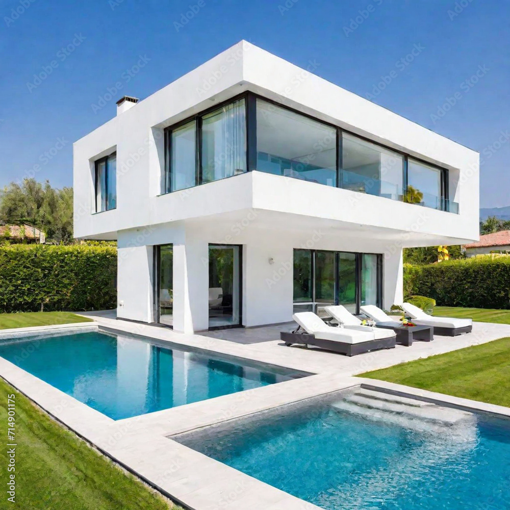 Modern villa exterior design, huge floor-to-ceiling windows, white walls, a huge swimming pool in the courtyard, and green grass, high-end villa scenery

