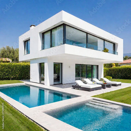 Modern villa exterior design  huge floor-to-ceiling windows  white walls  a huge swimming pool in the courtyard  and green grass  high-end villa scenery 