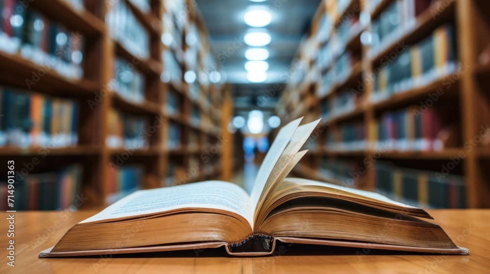 Book in library with old open textbook, stack piles of literature text archive on reading desk, and aisle of bookshelves in school study class room background for academic education learning concept
