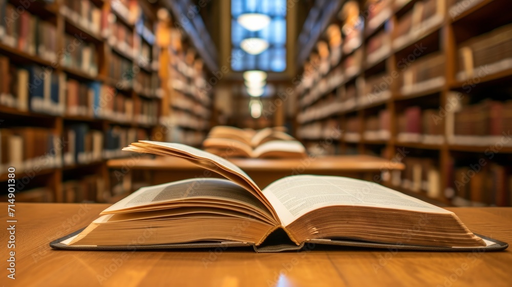 Book in library with old open textbook, stack piles of literature text archive on reading desk, and aisle of bookshelves in school study class room background for academic education learning concept Book in library with old open textbook, stack piles of literature text archive on reading desk, and aisle of bookshelves in school study class room background for academic education learning concept