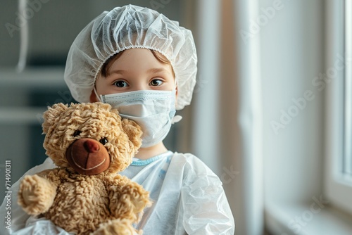 A young girl wearing a face mask and holding a teddy bear. Generative AI