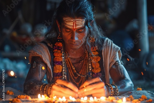 Man in traditional attire performing a ritual with candles and flowers during a cultural ceremony.