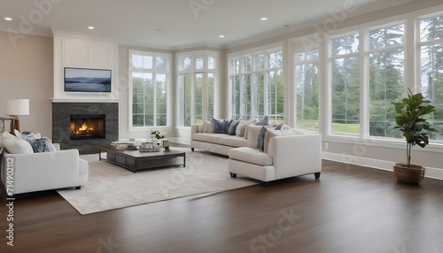 Beautiful-living-room-interior-with-hardwood-floors-and-fireplace-in-new-luxury-home--Large-bank-of-windows-hints-at-exterior-view © SABBIR RAHMAN
