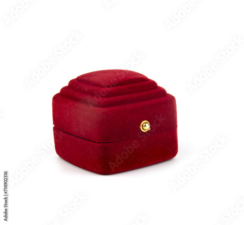 Red closed ring box. Surprise, gift wrapping for jewelry. Isolated object on a white background.