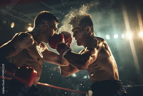 Dynamic fighter in intense boxing championship, showcasing skill, strength, and determination in a high-stakes and thrilling sports competition © AI Farm