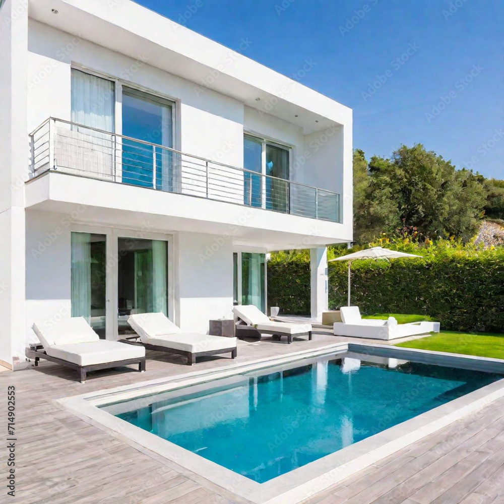 Modern villa exterior design, huge floor-to-ceiling windows, white walls, a huge swimming pool in the courtyard, and green grass, high-end villa scenery

