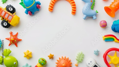 Kids toys frame on white background. Top view. Flat lay. Copy space for text photo
