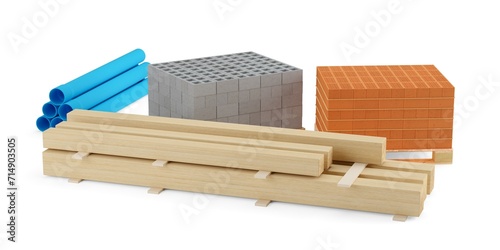 Fototapeta Naklejka Na Ścianę i Meble -  Collection of building or construction materials, bricks, concrete bricks, pvc pipes and wood beams, over white background