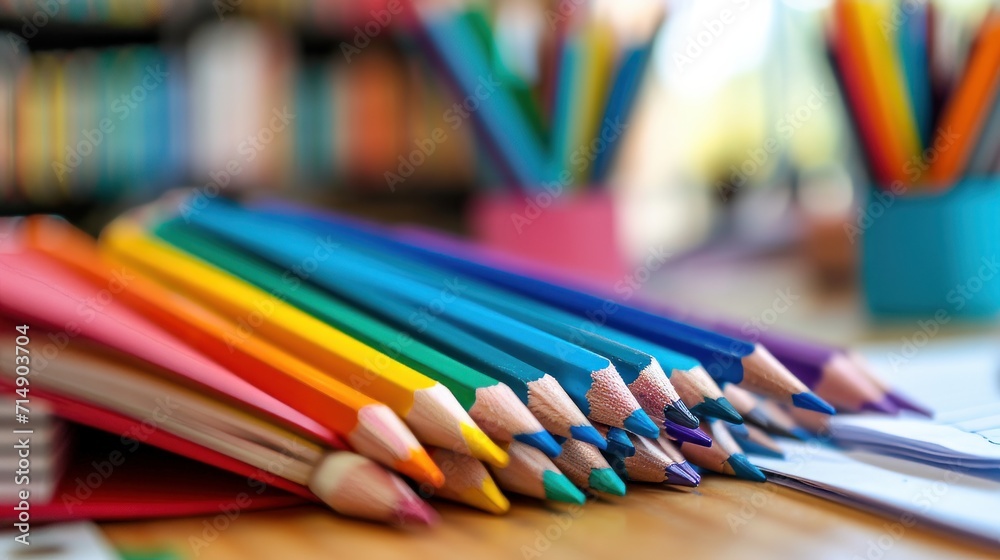 Textbooks and color pencils on the school desk - close-up Textbooks and color pencils on the school desk - close-up