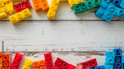 Top view on multicolor toy bricks on white wooden background. Children toys on the table photo