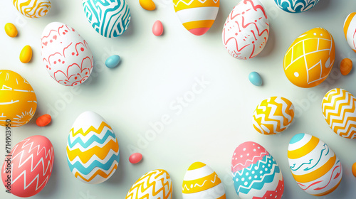 Festive Easter Eggs: Easter Eggs Adorned With Vibrant Patterns And Cheerful Colors Against A Light Background. Copy Space
