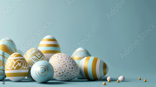 Easter Elegance: Pastel Eggs with Golden Stripes And Patterns With Soft Blue Background. Copy Space