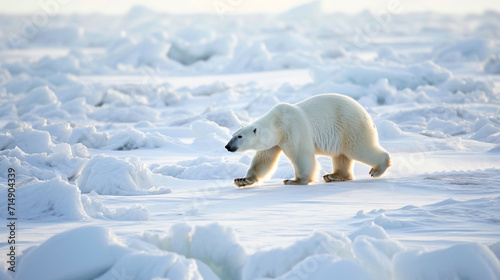 In the Arctic tundra, a lone polar bear traverses a vast expanse of snow and ice, the stark white landscape providing a striking backdrop to the bear's majestic presence. The untou photo