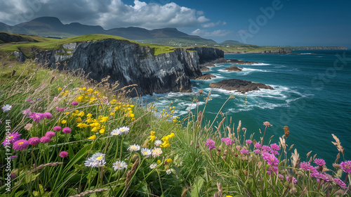 A dramatic coastal cliff adorned with vibrant wildflowers overlooks the crashing waves of the open sea. The rugged terrain and untamed beauty of the coastline create a visually arr photo