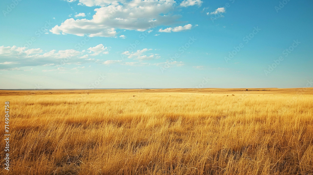 A vast expanse of golden grassland in the Australian Outback stretches to the horizon, where a solitary kangaroo grazes. The untouched and expansive nature of the landscape showcas
