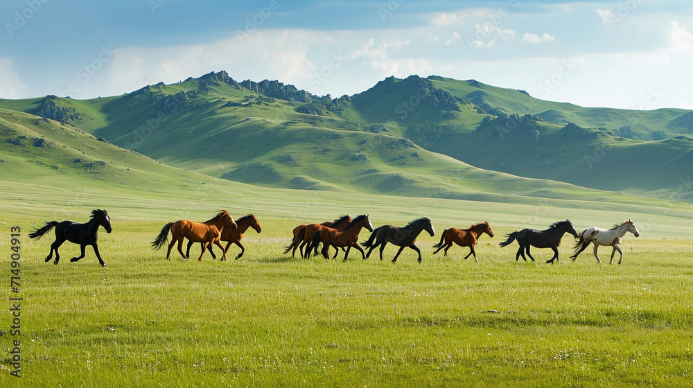 A vast expanse of lush, rolling hills stretches to the horizon, with a herd of wild horses galloping freely across the landscape. The untouched beauty of the natural terrain comple