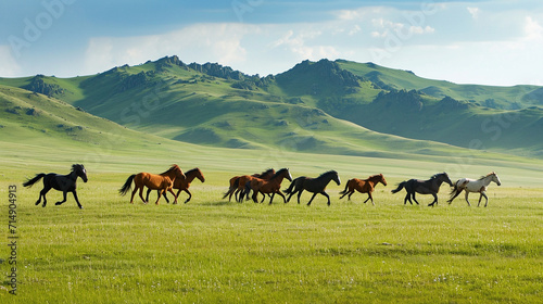 A vast expanse of lush  rolling hills stretches to the horizon  with a herd of wild horses galloping freely across the landscape. The untouched beauty of the natural terrain comple