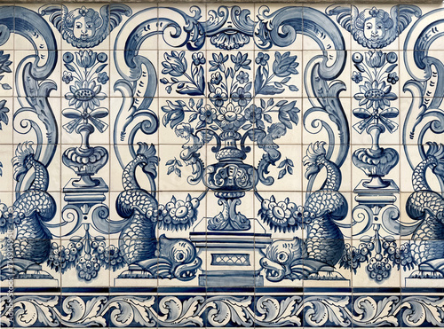 Portuguese Wall tiled mural at one of the Macau's civil city hall building. Heritage tiles preserved. Macanese Portuguese heritage blue porcelain tiled mural.