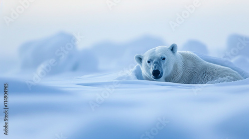 In the Arctic twilight, a polar bear emerges from an icy den, the snow-covered landscape providing a pristine backdrop to this intimate moment in the wild. The untouched Arctic wil