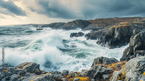 A remote, rocky coastline is battered by crashing waves under a stormy sky, creating a dramatic display of the untamed power of nature. The rugged cliffs and turbulent sea highligh photo