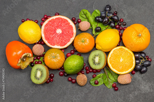 Set of varied, multicolored exotic fruits