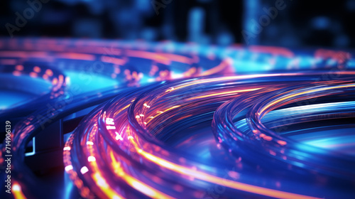 High-speed fiber optic cables with light trails photo
