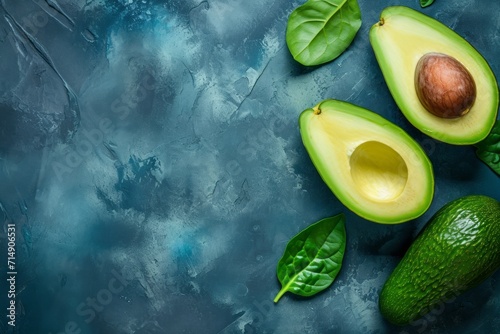 Many cut avocados on a dark surface, pattern seamless, flatlay layout. Concept of healthy food, diet