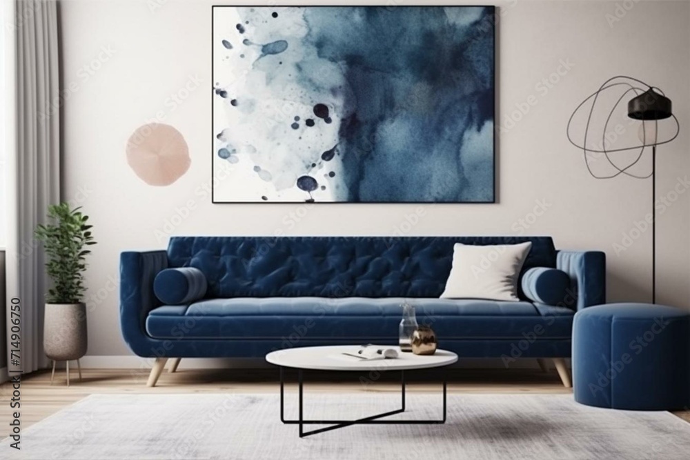 Modern living room with deep blue couch and artwork on wall. Generative