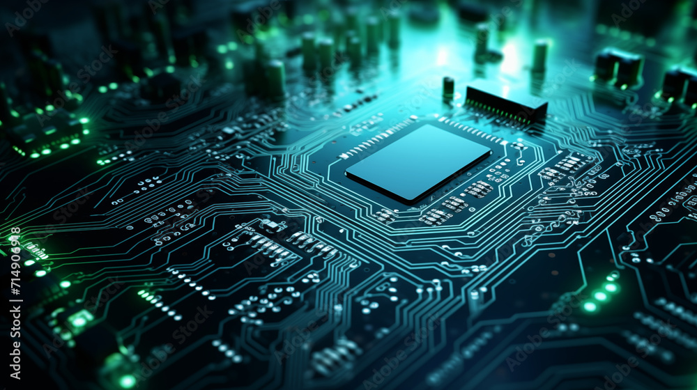Close-up of advanced circuit board with glowing LED lights, high-tech background Close-up of advanced circuit board with glowing LED lights, high-tech background
