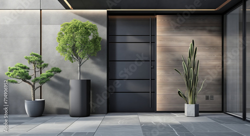 Modern Home Entrance with Potted Plants. Stylish front door flanked by lush potted trees on a sleek house facade. photo