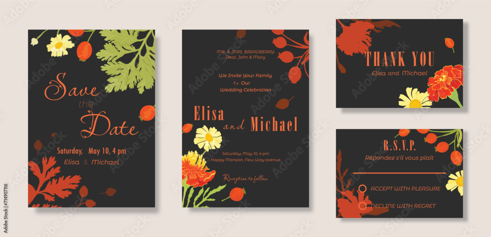 Naklejka premium Floral set with a wedding celebration layout