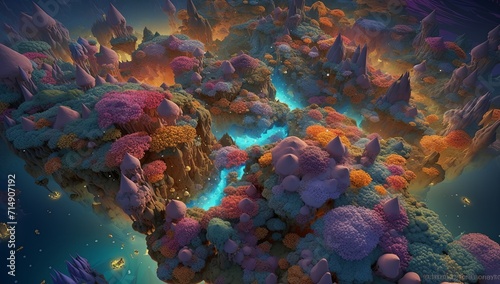 A computer generated image of a colorful landscape