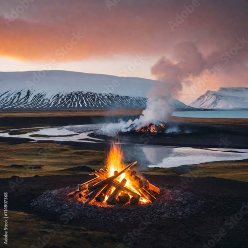 A bonfire lit on the ground in the wilderness in the cold winter, camping concept, with snowy mountains and grasslands in the distance 